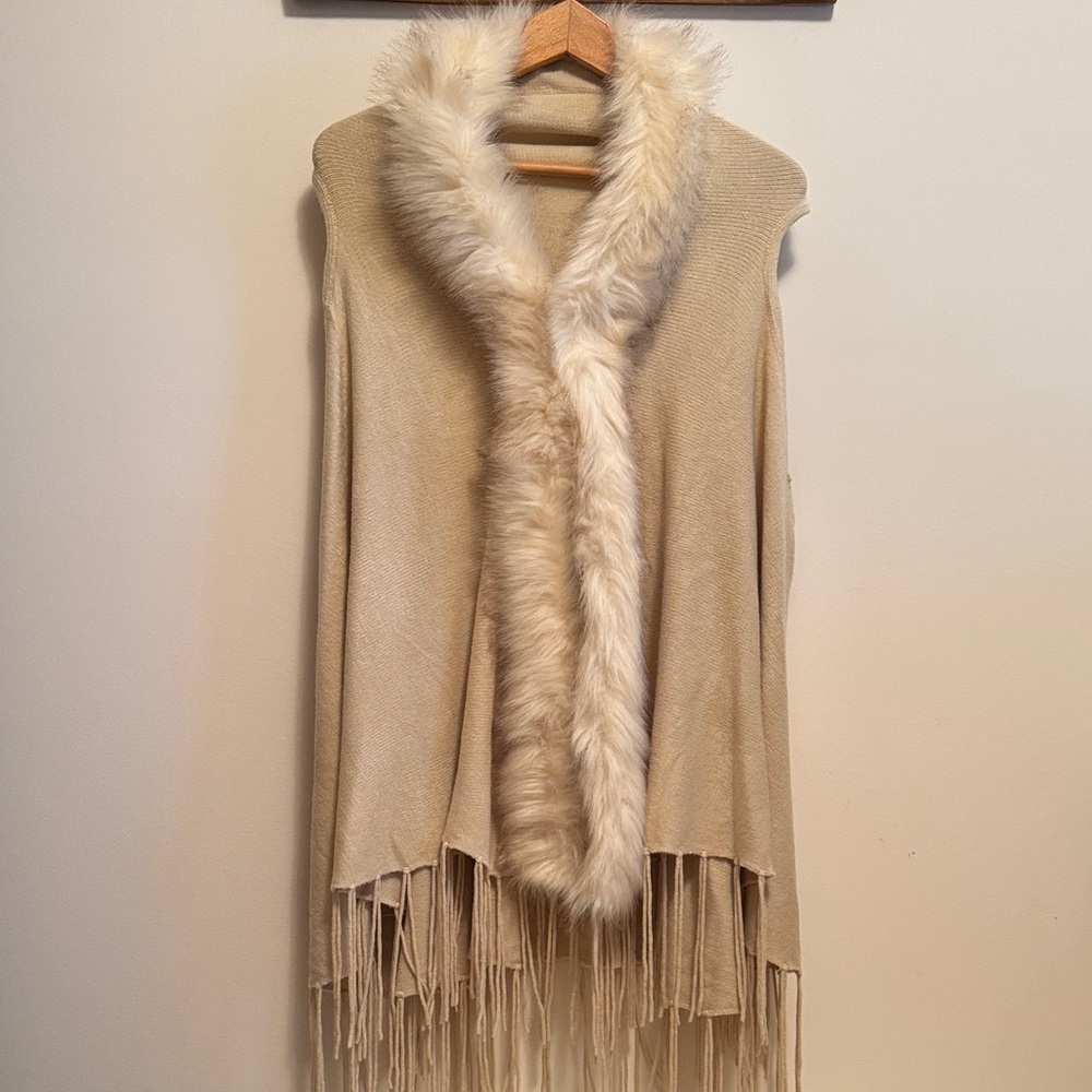 Faux Fur Trimmed Beige Poncho